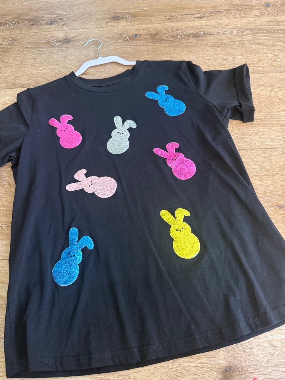 Black women  Short Sleeve Tee with Colorful Bunny Appliqués Easter sequin